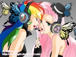 Size: 4731x3543 | Tagged: safe, artist:shinta-girl, fluttershy, rainbow dash, butterfly, human, g4, duo, female, humanized, lesbian, magnet (vocaloid), ship:flutterdash, shipping, song reference, vocaloid