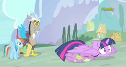 Size: 1363x723 | Tagged: safe, screencap, discord, rainbow dash, spike, twilight sparkle, alicorn, draconequus, dragon, pegasus, pony, g4, what about discord?, all fours, cute, dashabetes, discovery family logo, discute, eyes closed, female, frown, grin, group, hug, mare, prone, protecting, quadrupedal, quartet, smiling, spread wings, squee, twilight sparkle (alicorn), wide eyes, winghug, wings