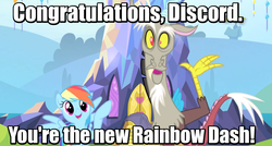 Size: 800x428 | Tagged: safe, edit, edited screencap, screencap, discord, rainbow dash, g4, the return of harmony, what about discord?, dialogue, image macro, meme, new rainbow dash, twilight's castle, waving