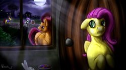 Size: 1200x665 | Tagged: safe, artist:winternachts, angel bunny, apple bloom, fluttershy, scootaloo, sweetie belle, g4, clothes, costume, cutie mark crusaders, frankenstein's bride, hiding, moonlight, nightmare night, scarecrow, scared, skeleton costume, sweets, trick or treat