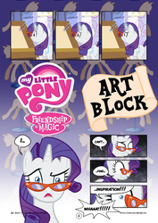 Size: 752x1063 | Tagged: safe, artist:mister-saugrenu, rarity, pony, unicorn, comic:art block, g4, comic, female, glasses, magic, mare, my little pony logo, rarity's glasses, solo