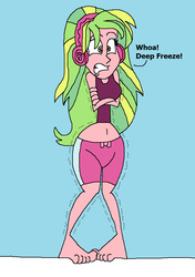 Size: 955x1353 | Tagged: safe, artist:hunterxcolleen, lemon zest, equestria girls, g4, my little pony equestria girls: friendship games, belly button, clothes, cold, feet, freezing fetish, headphones, hypothermia, shivering, snow, swimsuit, talking