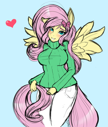 Size: 1200x1411 | Tagged: safe, artist:mrawl, fluttershy, anthro, g4, blushing, breasts, busty fluttershy, clothes, female, heart, solo, sweater, sweatershy