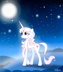Size: 1536x1761 | Tagged: safe, artist:kazia-kat, pony, amalthea, concave belly, crossover, horn, long horn, moon, night, night sky, ponified, slender, solo, stars, tall, the last unicorn, thin