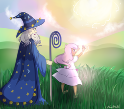 Size: 2500x2200 | Tagged: safe, artist:silbersternenlicht, princess celestia, star swirl the bearded, human, g4, au:eqcl, barefoot, cape, child, clothes, commission, dress, feet, grass, hat, high res, humanized, magic, open mouth, pink-mane celestia, shocked, signature, smiling, staff, sun, sun work, wide eyes, wizard hat, younger