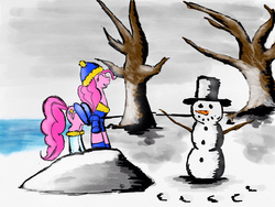 Size: 1280x960 | Tagged: safe, artist:arcanelexicon, pinkie pie, g4, snow, snowman, winter, winter outfit