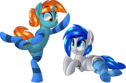 Size: 1891x1246 | Tagged: safe, artist:january3rd, oc, oc only, oc:sapphire sights, oc:swift note, pegasus, pony, unicorn, bipedal, clothes, cute, female, mare, simple background, socks, standing, standing on one leg, striped socks, transparent background