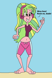 Size: 955x1413 | Tagged: safe, artist:hunterxcolleen, lemon zest, equestria girls, g4, my little pony equestria girls: friendship games, air guitar, beach, beckoning, belly button, clothes, crystal prep academy, crystal prep shadowbolts, dancing, feet, female, headphones, sand, speech, swimsuit, talking