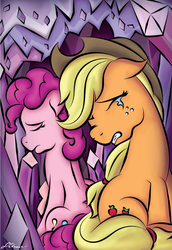Size: 703x1022 | Tagged: safe, artist:johesy, applejack, pinkie pie, g4, hearthbreakers, cave, cavern, cowboy hat, crying, crystal caverns, freckles, hat, sad, signature, stetson