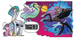 Size: 809x412 | Tagged: safe, artist:jay fosgitt, edit, idw, nightmare moon, pinkie pie, princess celestia, friends forever #22, g4, my little pony: friends forever, spoiler:comic, chef's hat, eye, hat, long neck, open mouth, ptsd, sad, snakelestia, spread wings, swanlestia, thought bubble, triggered, wide eyes