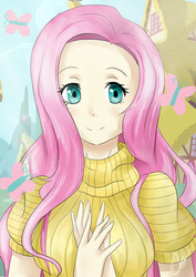 Size: 1024x1448 | Tagged: safe, artist:levisfineass, fluttershy, human, g4, clothes, cute, female, hands together, human female, humanized, light skin, looking at you, ponyville, short-sleeved sweater, shyabetes, solo, sweater, sweatershy, turtleneck
