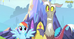 Size: 1242x666 | Tagged: safe, screencap, discord, rainbow dash, draconequus, pegasus, pony, g4, what about discord?, cute, dashabetes, discute, female, grin, looking at you, mare, quadrupedal, smiling, spread wings, squee, wings