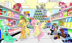 Size: 900x540 | Tagged: safe, applejack, derpy hooves, fluttershy, lyra heartstrings, pinkie pie, winona, oc, pegasus, pony, g4, chocolate, dialogue, eating, female, flockmod, mare, multiple artists, shopping, supermarket