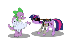 Size: 1280x767 | Tagged: safe, artist:bookofsketch, spike, twilight sparkle, alicorn, ghost, pony, g4, bedsheet ghost, clothes, costume, female, ghostbusters, mare, mlpgdraws, nightmare night, nightmare night costume, twilight sparkle (alicorn)