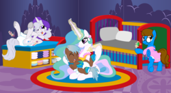 Size: 11000x6000 | Tagged: safe, artist:evilfrenzy, princess celestia, oc, alicorn, pony, g4, absurd resolution, adult foal, alicorn oc, baby bottle, bonnet, booties, changing table, cloth diaper, crib, cute, diaper, diaper change, diaper fetish, diapered, magic, momlestia, non-baby in diaper, onesie, pacifier, poofy diaper, request, safety pin, scrunchy face, show accurate, telekinesis