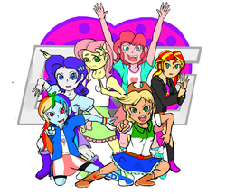 Size: 1083x931 | Tagged: safe, artist:aikawa, applejack, fluttershy, pinkie pie, rainbow dash, rarity, sunset shimmer, equestria girls, g4, group pose, humane five, pixiv, pose, ressha sentai toqger, super sentai