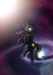 Size: 2460x3485 | Tagged: safe, artist:westphalianartist, star swirl the bearded, g4, floating, flowing mane, galaxy, glowing cutie mark, glowing eyes, high res, lighting, mist, space, stars, story in the source, universe, younger