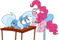 Size: 1211x825 | Tagged: safe, artist:hattsy, pinkie pie, trixie, pony, unicorn, g4, angry, art block, chair, drawing, female, inconvenient trixie, mare, pencil, prone, simple background, sitting, stare, table