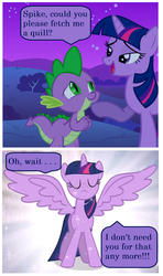 Size: 864x1460 | Tagged: safe, screencap, spike, twilight sparkle, alicorn, pony, g4, owl's well that ends well, female, mare, op is a duck, op is trying to start shit, quill, screencap comic, twilight sparkle (alicorn), wings