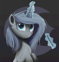 Size: 814x854 | Tagged: safe, artist:equum_amici, artist:ncmares, oc, oc only, oc:crescent hue, pony, unicorn, animated, bust, chest fluff, cinemagraph, female, glowing horn, horn, levitation, looking at you, magic, mare, pencil, rest in peace, smiling, solo, telekinesis