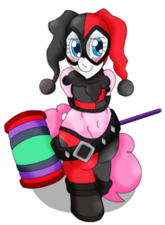 Size: 1444x1967 | Tagged: safe, artist:blackbewhite2k7, pinkie pie, earth pony, pony, g4, assault on arkham, belly, bipedal, blushing, crossover, female, harley quinn, mallet, simple background, solo, transparent background, vector