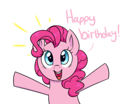 Size: 1280x1097 | Tagged: safe, artist:notenoughapples, pinkie pie, g4, dialogue, female, happy birthday, simple background, smiling, solo, transparent background
