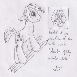 Size: 1362x1366 | Tagged: safe, artist:parclytaxel, double diamond, g4, annotations, cutie mark, how to draw, lineart, male, monochrome, skis, snowflake, solo, traditional art, tutorial