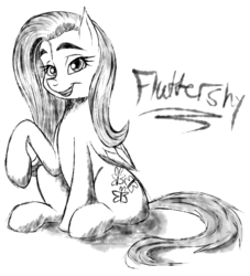 Size: 977x1078 | Tagged: safe, artist:thethunderpony, fluttershy, g4, female, monochrome, open mouth, raised hoof, simple background, sitting, sketch, smiling, solo