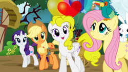 Size: 1366x768 | Tagged: safe, artist:daringashia, angel bunny, applejack, fluttershy, rarity, surprise, earth pony, pony, g1, g4, balloon, cart, g1 to g4, generation leap, race swap, saddle bag