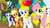 Size: 1366x768 | Tagged: safe, artist:daringashia, angel bunny, applejack, fluttershy, rarity, surprise, earth pony, pony, g1, g4, balloon, cart, g1 to g4, generation leap, race swap, saddle bag