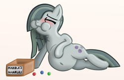 Size: 1400x900 | Tagged: safe, artist:superninja, derpibooru exclusive, marble pie, pony, g4, belly, belly button, blushing, box, eyes closed, female, hair over one eye, marble pudge, marbles, mare, object stuffing, object vore, pica, puffy cheeks, solo, swallowing, throat bulge