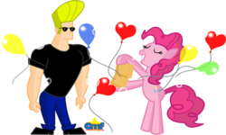 Size: 800x481 | Tagged: safe, artist:tiny-toons-fan, pinkie pie, earth pony, human, pony, g4, balloon, bubble, crossover, female, johnny bravo, johnny bravo (character), male, mare, simple background, transparent background