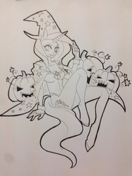 Size: 720x960 | Tagged: safe, artist:cloud-up, trixie, anthro, unguligrade anthro, g4, female, jack-o-lantern, looking at you, monochrome, solo, traditional art