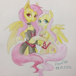 Size: 960x960 | Tagged: safe, artist:cloud-up, fluttershy, bat pony, pony, g4, duality, flutterbat, traditional art