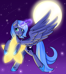 Size: 2200x2450 | Tagged: safe, artist:azure-doodle, princess luna, pony, g4, female, glowing horn, high res, horn, looking at you, magic, mare, moon, s1 luna, smiling, solo, stars, tangible heavenly object