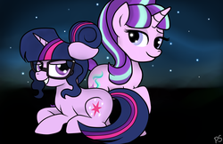 Size: 1580x1024 | Tagged: safe, artist:pinkamenascratch, sci-twi, starlight glimmer, twilight sparkle, unicorn, equestria girls, g4, equestria girls ponified, female, glasses, hair bun, lesbian, ponified, ship:twistarlight, shipping, unicorn sci-twi