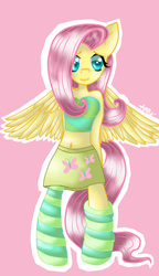 Size: 349x604 | Tagged: safe, artist:nevera573, fluttershy, semi-anthro, g4, belly button, clothes, female, midriff, skirt, socks, solo, tube top