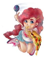 Size: 808x960 | Tagged: artist needed, safe, pinkie pie, human, g4, candy, female, food, humanized, lollipop, pizza, simple background, solo, white background