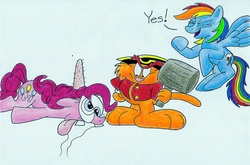 Size: 2197x1450 | Tagged: safe, artist:irishbecky, pinkie pie, rainbow dash, oc, g4, abuse, cartoon physics, cartoon violence, go to sleep svengallop, head lump, non-mlp oc, pinkiebuse, rainbow douche, traditional art