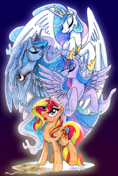 Size: 2362x3509 | Tagged: safe, artist:cihiiro, princess celestia, princess luna, sunset shimmer, twilight sparkle, alicorn, pony, unicorn, g4, book, eyes closed, flying, high res, smiling, traditional art, twilight sparkle (alicorn)