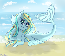 Size: 2300x2000 | Tagged: safe, artist:silbersternenlicht, oc, oc only, oc:ocean miracle, mermaid, merpony, beach, high res, solo