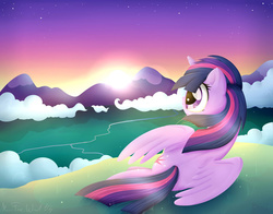 Size: 1024x801 | Tagged: safe, artist:wavecipher, twilight sparkle, alicorn, pony, g4, female, mare, mountain, prone, solo, spread wings, sunset, twilight (astronomy), twilight sparkle (alicorn)