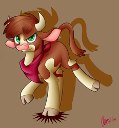Size: 1024x1104 | Tagged: safe, artist:mysteryart716, arizona (tfh), cow, them's fightin' herds, bandana, brown background, cloven hooves, community related, dreamworks face, female, leg fluff, looking at you, signature, simple background, solo