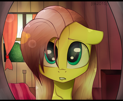 Size: 2422x2000 | Tagged: safe, artist:bylka-x, fluttershy, pony, g4, bedroom, female, floppy ears, front view, full face view, high res, indoors, lens flare, looking at you, mare, portrait, solo, stray strand