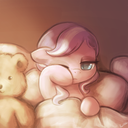 Size: 750x750 | Tagged: safe, artist:lumineko, diamond tiara, earth pony, pony, g4, bed, cute, diamondbetes, female, filly, lumineko is trying to murder us, morning ponies, solo, teddy bear, tired