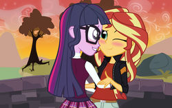 Size: 3500x2200 | Tagged: safe, artist:darthlena, sci-twi, sunset shimmer, twilight sparkle, equestria girls, g4, my little pony equestria girls: friendship games, blushing, clothes, crystal prep academy, crystal prep academy uniform, crystal prep shadowbolts, female, glasses, high res, lesbian, one eye closed, school uniform, ship:sci-twishimmer, ship:sunsetsparkle, shipping