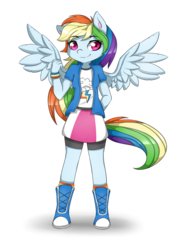 Size: 589x800 | Tagged: safe, artist:pillonchou, rainbow dash, anthro, equestria girls, g4, boots, clothes, female, fist, looking at you, shorts, skirt, socks, solo, wings, wristband