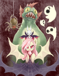 Size: 1280x1658 | Tagged: safe, artist:mlpanon, angel bunny, fluttershy, fuzzy legs, harry, bat pony, pony, spider, g4, scare master, apple, flutterbat, food, harry the swamp monster, nightmare night