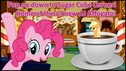 Size: 1245x705 | Tagged: safe, artist:phucknuckl, applejack, pinkie pie, pony, g4, affogato, coffee, cup of pony, image macro, meme, sugarcube corner, wet mane