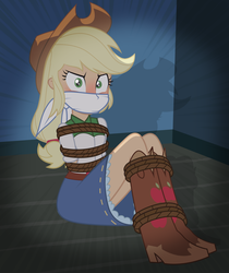 Size: 1506x1793 | Tagged: safe, artist:radiantrealm, applejack, equestria girls, g4, bondage, boots, cloth gag, clothes, cowboy boots, cowboy hat, denim skirt, female, gag, hat, jackpot, looking at you, ropes, shoes, show accurate, skirt, solo, stetson, this will end in rape, tied up